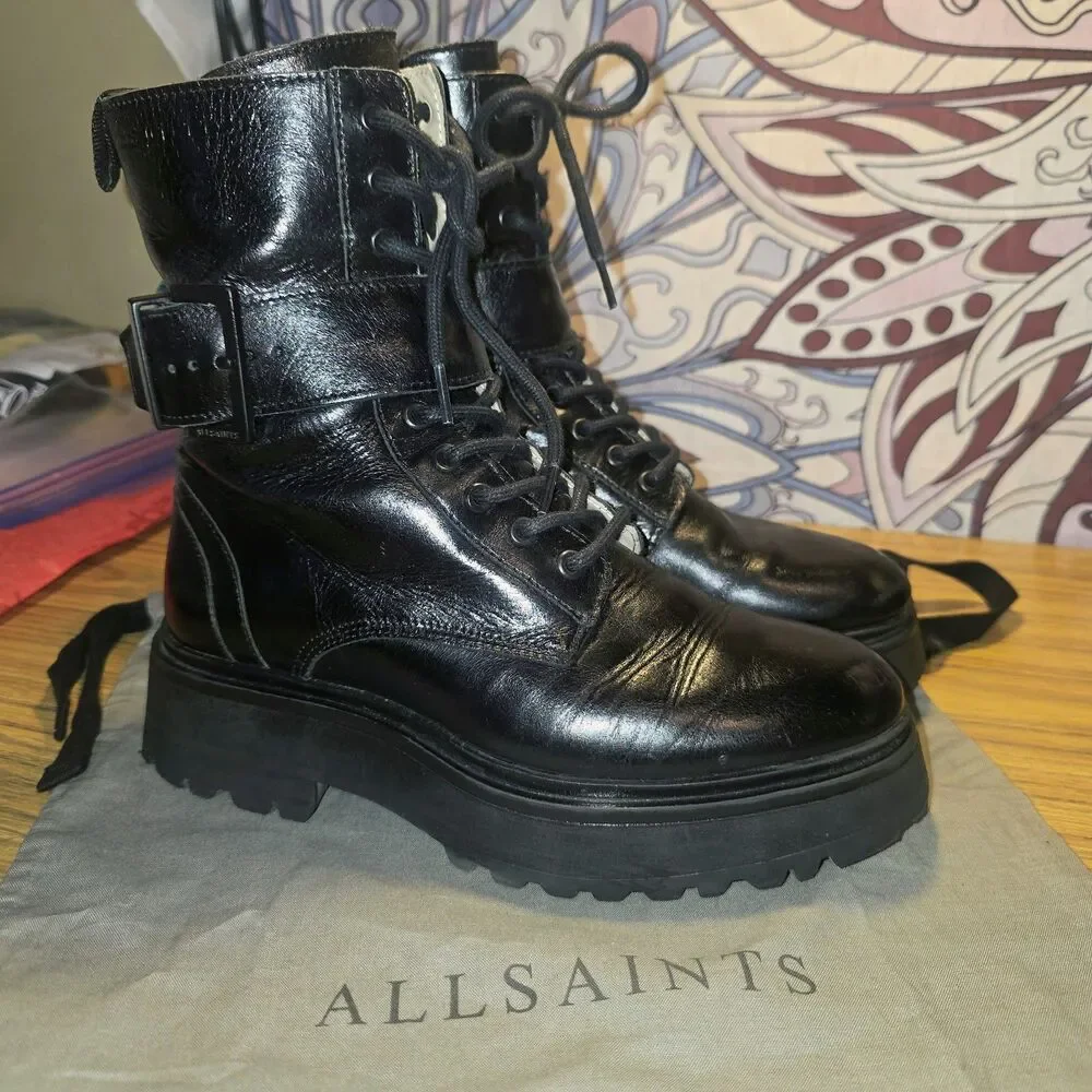 ALLSAINTS Sz 7 ONYX Black Combat Lace Up Zipper Buckle Lug Sole Moto Biker Boots - Picture 2 of 16